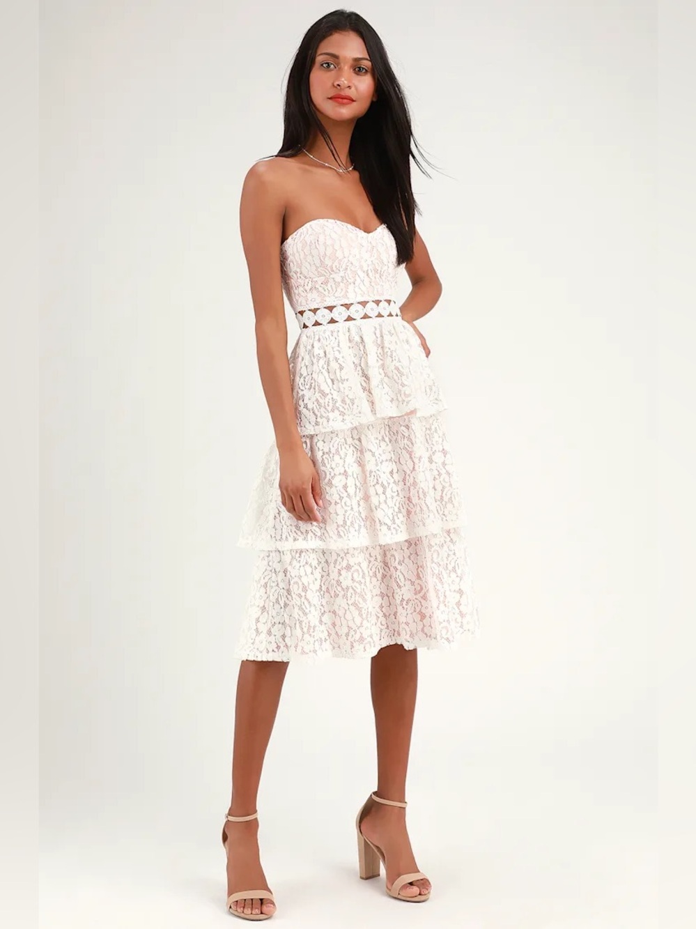 NWT LULUS SIZE XS Adorn White Lace Strapless Midi Dress‎
